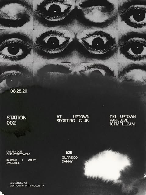 STATION 002 poster: a grid of eyes over black, Uptown Sporting Club, 08.28.26